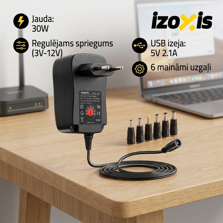 Universāls Regulējams Barošanas Adapteris 3V–12V 30W