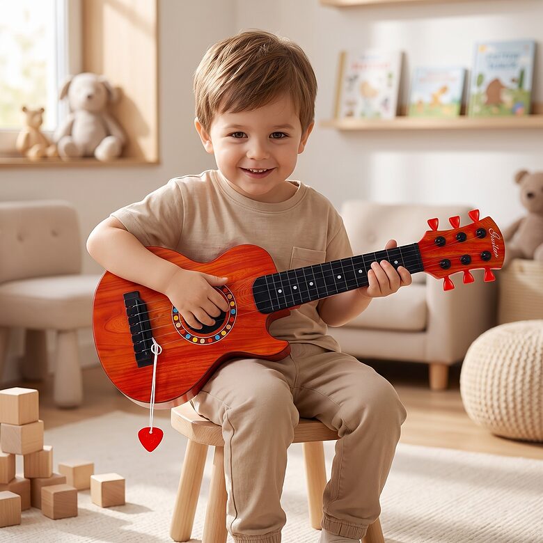 Bērnu koka ģitāra 17x51cm ar 6 stīgām un regulējamu novilcēju muzikāla