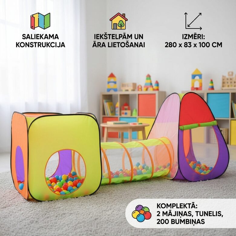 Bērnu Telts ar tuneli, mājiņu un 200 bumbām
