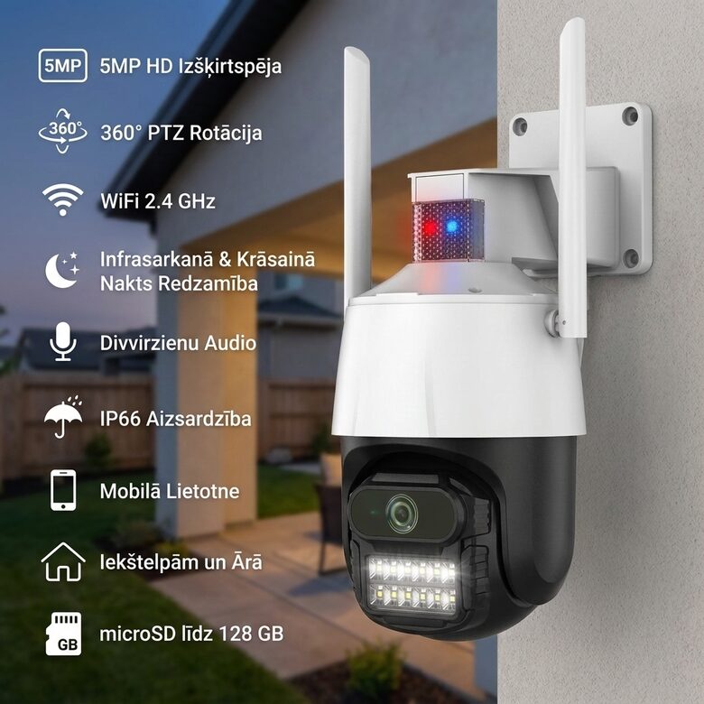 360° WiFi Drošības Kamera 5MP ar Nakts Redzamību