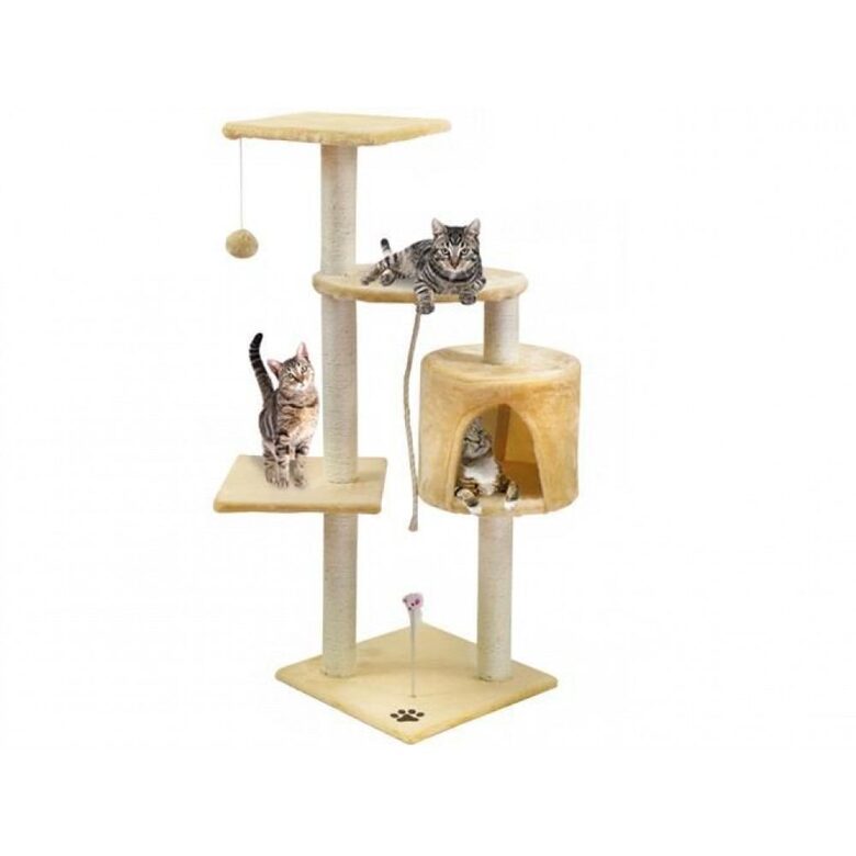 Kaķu māja ar pelīti, virvi un nagu asināmo, gaiši brūna 40 x 40 x 110 cm