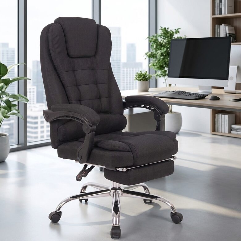 Ergonomisks biroja krēsls ar kāju balstu, regulējamu atzveltni un mīkstu polsterējumu, melns datorkrēsls 150 kg