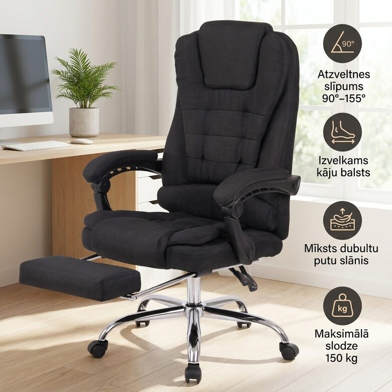 Ergonomisks biroja krēsls ar kāju balstu, regulējamu atzveltni un mīkstu polsterējumu, melns datorkrēsls 150 kg