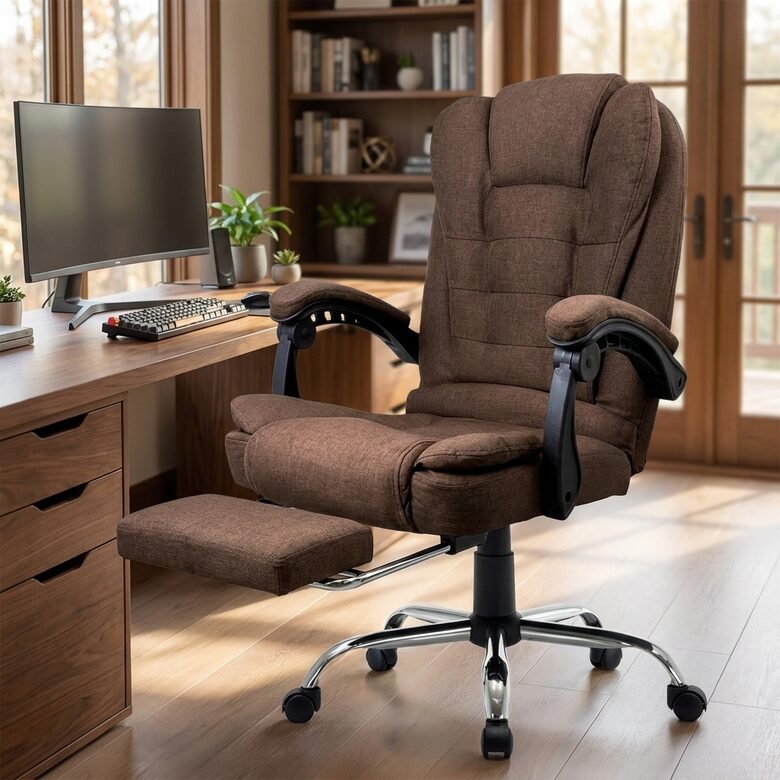 Ergonomisks auduma biroja krēsls ar regulējamu atzveltni un mīkstu polsterējumu, brūns datorkrēsls 150 kg