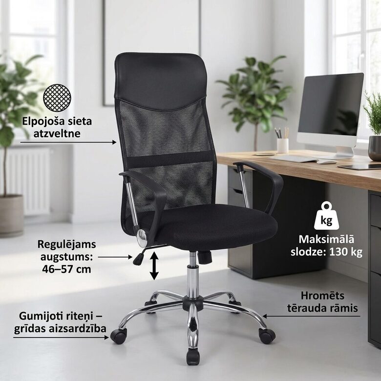 Biroja krēsls ergonomisks melns tīklveida, augstums regulējams