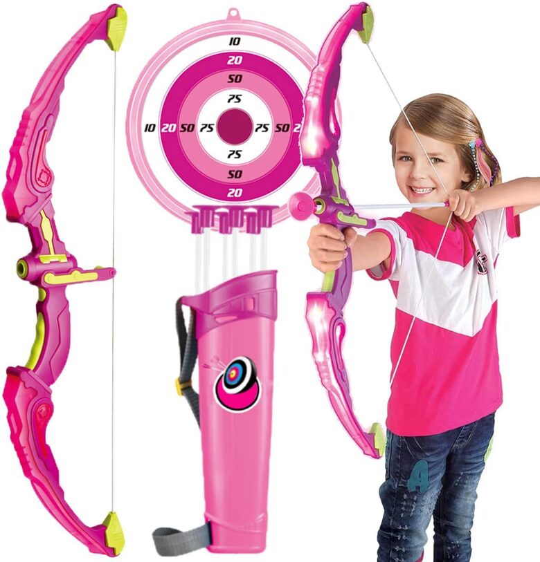 Bērnu Loka šaušanas komplekts (6 drošas bultas, Loks, mērķis), rozā ar baltu