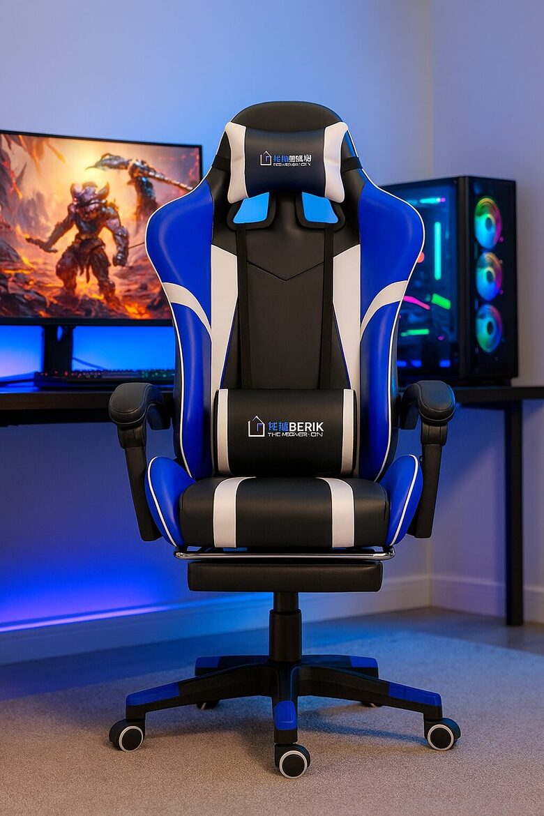 Ergonomisks un biroja krēsls ar kāju balstu, zils ar melnu, Datorkrēsls