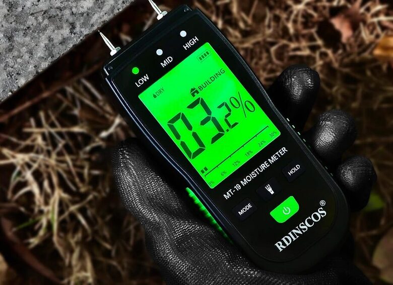 Mitruma mērītājs ar LCD ekrānu (kokam, ēku sienām, augsnei, iepakojumam, u.c.)