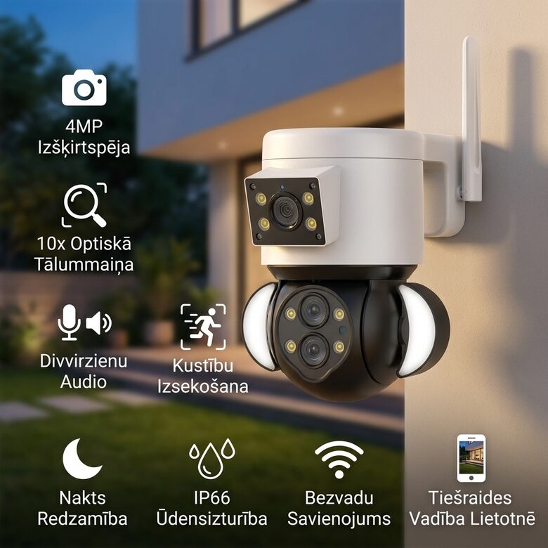 Wifi Kamera 10x Zoom, 4MP (3 lēcas), ar kustības detektoru (seko līdz objektam), Nakts redzamības Video novērošanas kamera (ieraksts, skaņa, paziņojums uz telefonu)