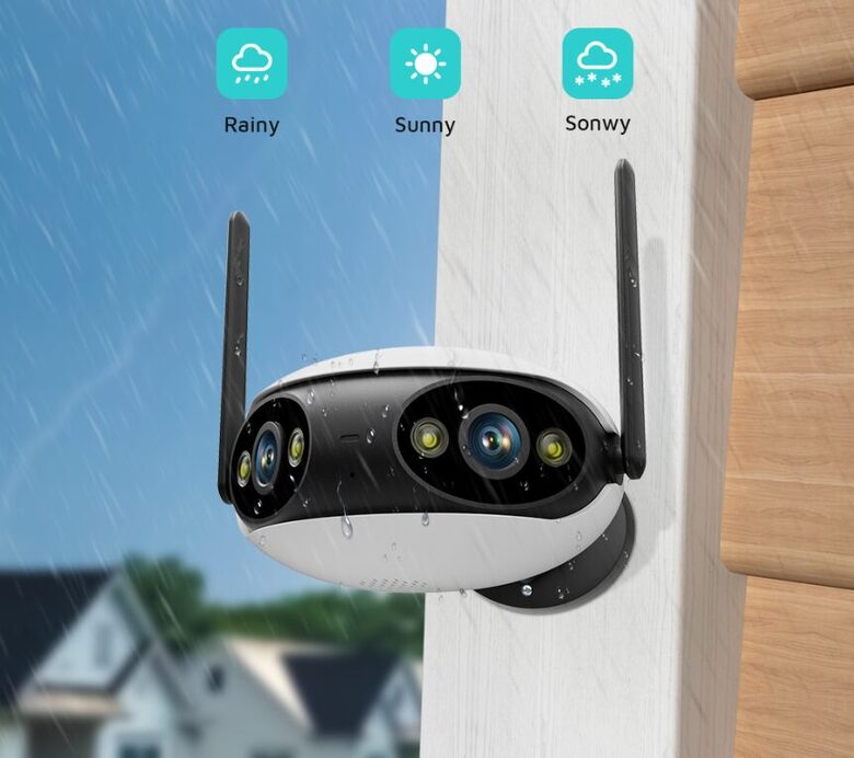 180 grādi, āra Wifi drošības kamera ar 2 objektīviem, bezvadu novērošanas kamera ar kustības detektoru, ierakstu, nakts redzmību, audio)