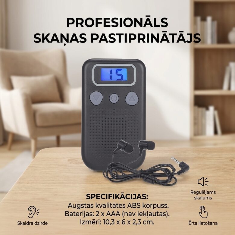 Skaņas pastiprinātājs, dzirdes aparāts ar austiņām un skaļuma regulatoru