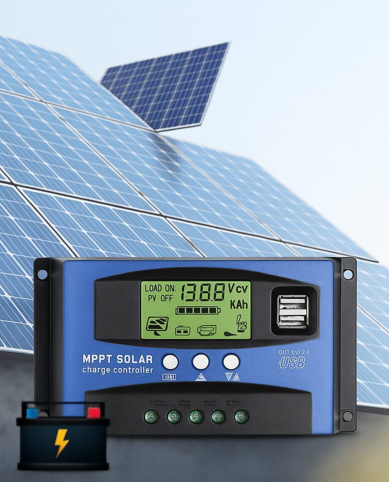 Saules paneļu uzlādes kontrolieris ar LCD displeju un 100A strāvas jaudu – MPPT + PWM funkcionalitāte 12V/24V sistēmām