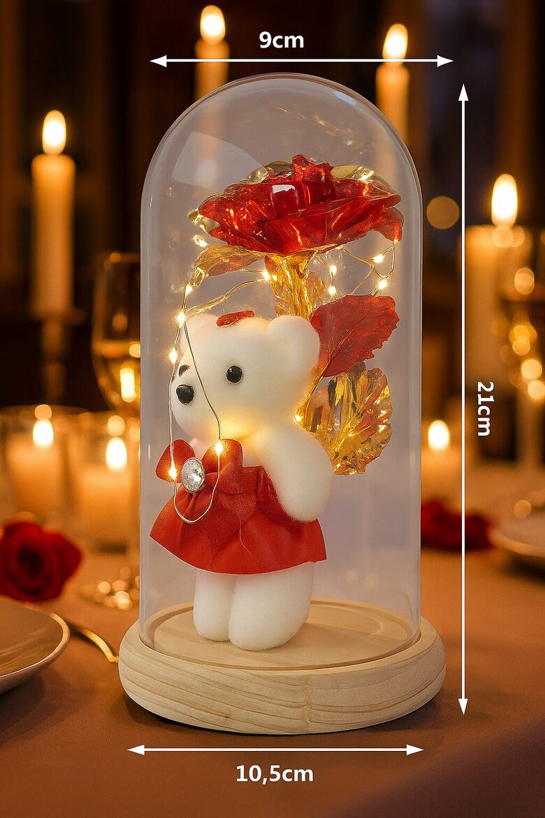 Dāvana Sievietei - Romantiska LED roze stikla kupolā ar lācīti uz koka pamatnes