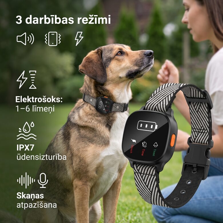 mini Elektroniskā Pretriešanas Suņu Kakla Siksna ar Skaņas, Vibrācijas un Elektrošoka Režīmu, IPX7 Ūdensdroša, Uzlādējama, Regulējama 70 cm