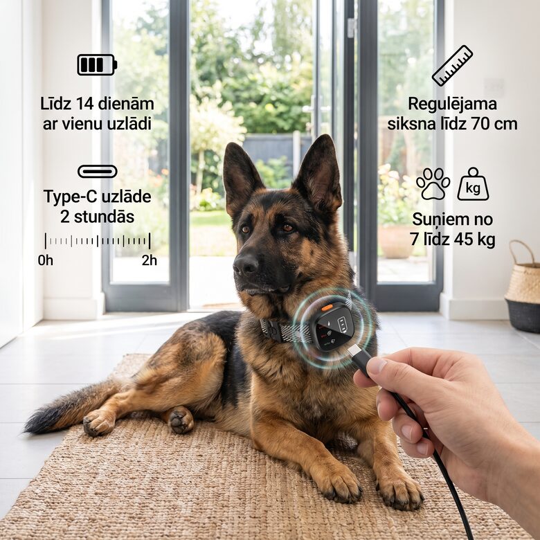 mini Elektroniskā Pretriešanas Suņu Kakla Siksna ar Skaņas, Vibrācijas un Elektrošoka Režīmu, IPX7 Ūdensdroša, Uzlādējama, Regulējama 70 cm