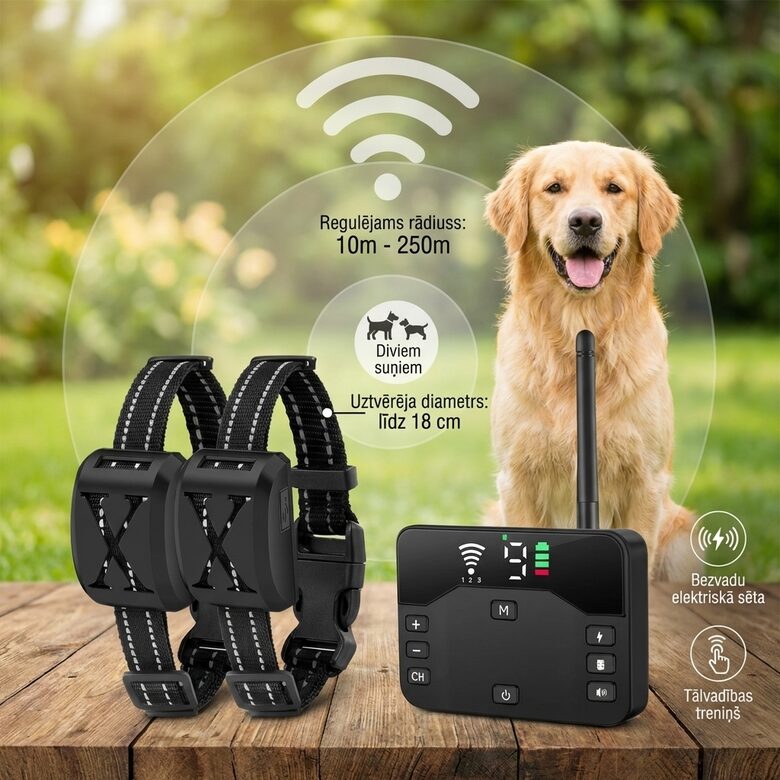 2 Suņiem Bezvadu Radiosēta (wifi 250m) un Suņu treniņsiksna (divi vienā), uzlādējama