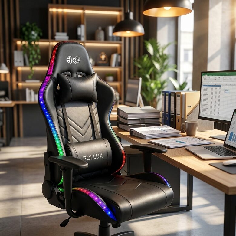 Ergonomisks datorkrēsls ar LED apgaismojumu, regulējamiem roku balstiem, spilveniem un eko ādas apdari līdz 150 kg