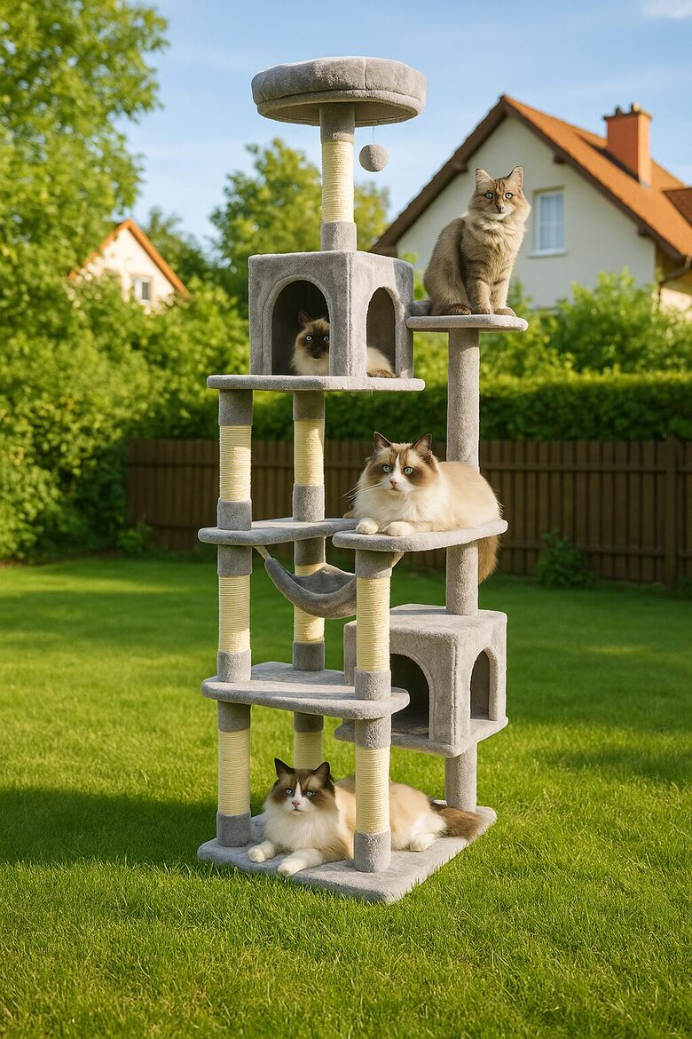 Daudzfunkcionāls Kaķu Koks 183cm ar Atpūtas Zonām un Rotaļu Elementiem, gaiši pelēks