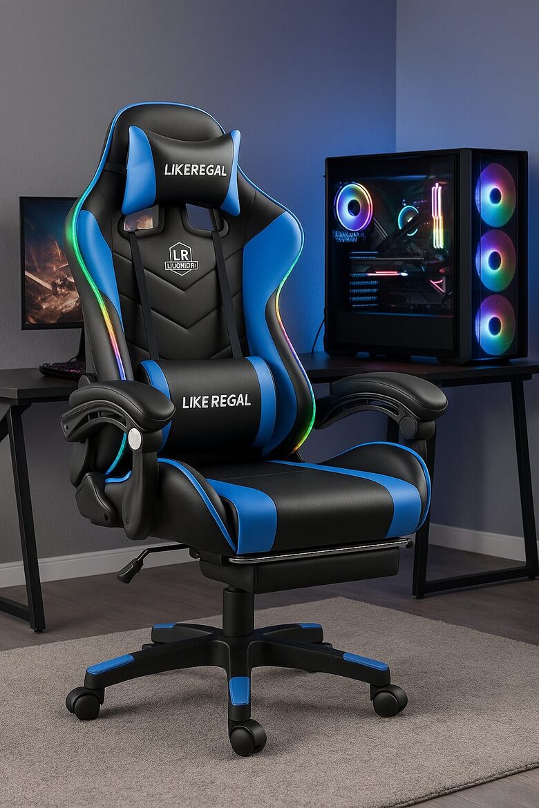 Zils ergonomisks un biroja krēsls ar kāju balstu, masāžas funkciju, RGB apgaismojumu un 150° regulējamu atzveltni