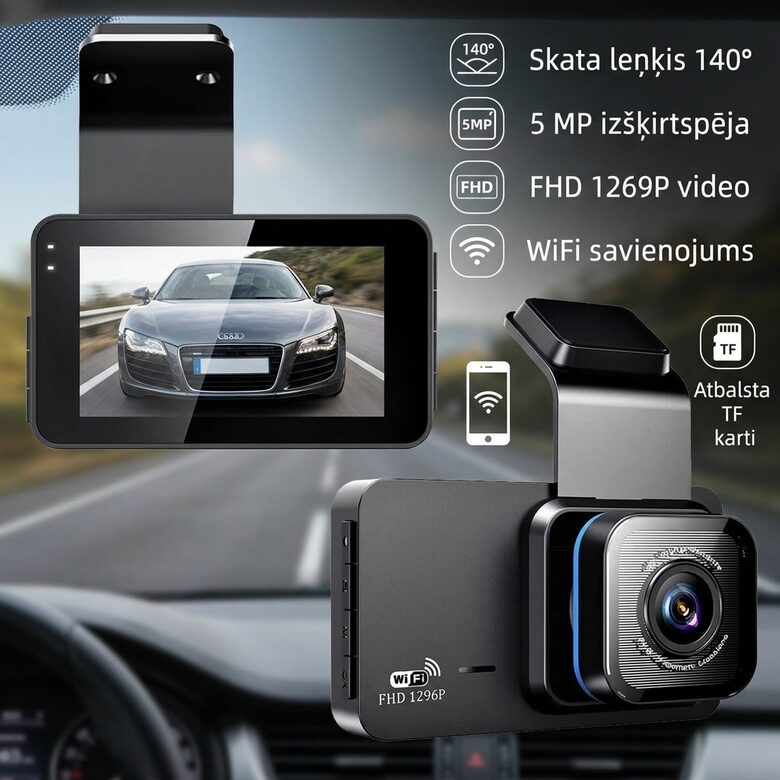 Platleņķa FHD Auto videoreģistrators ar G-sensoru, WiFi un Atpakaļskata Kameru – 140° Skata Leņķis, 5MP, GPS