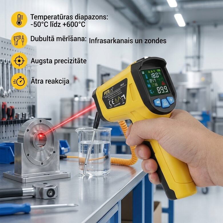 Lāzera termometrs (- 50 - 800 + C) ar 'devēju' iekšējās temperatūras mērīšanai