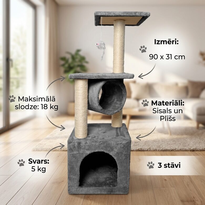 Kaķu māja 3 stāvos ar nagu asināmo, 90 cm, pelēka