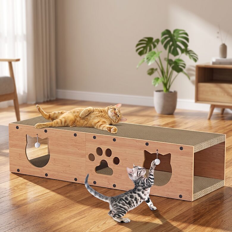 Kaķu Māja ar Skrāpējamo Virsmu un Gultiņu – 3-vienā Dizains, 100x29x30cm, Neslīdošs, No Gofrēta Kartona un Koka