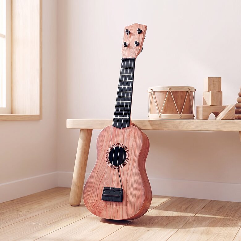 Koka ģitāra bērniem 55 cm, 4 stīgas, muzikālā rotaļlieta