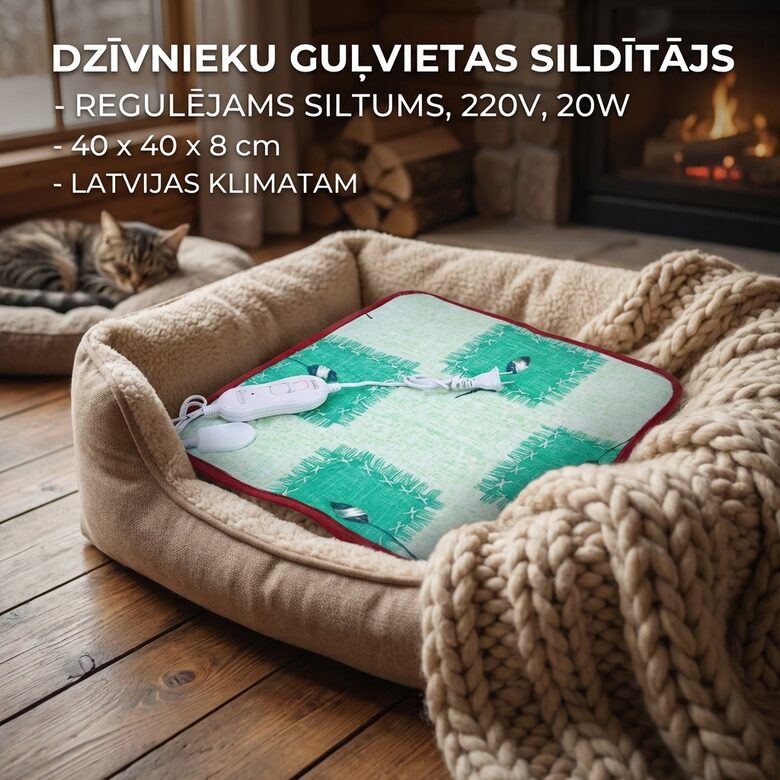 Dzīvnieku (suņu, kaķu) guļvietas sildītājs ar regulējamu siltumu, 220V, 20W, 40 x 40 x 8 cm