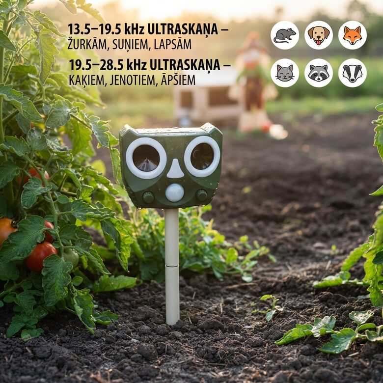 Saules enerģijas ultraskaņas dzīvnieku atbaidītājs dārzam ar kustības sensoru