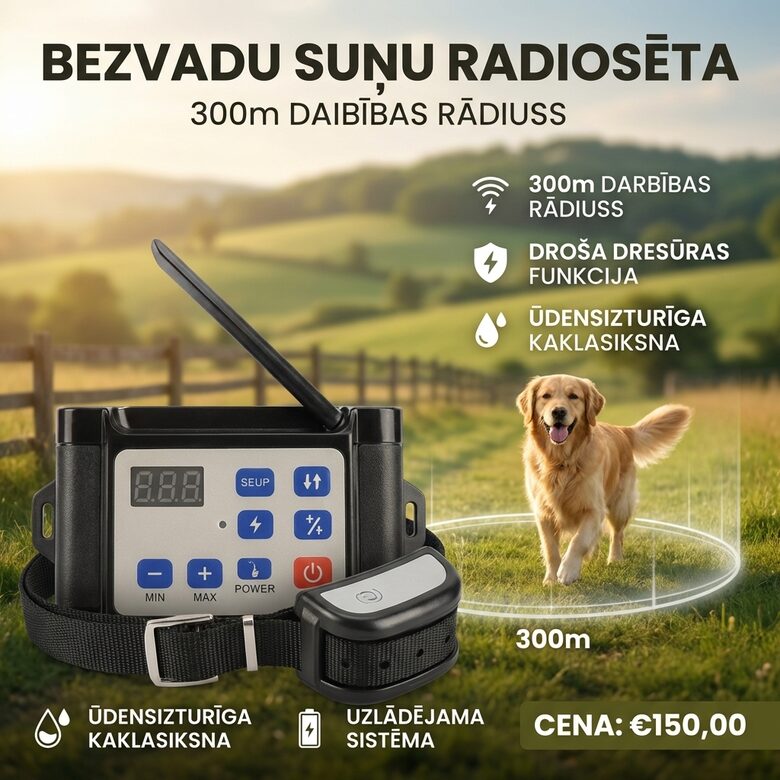 Suņu radiosēta ar 300m, bezvadu ar dresūras funkciju