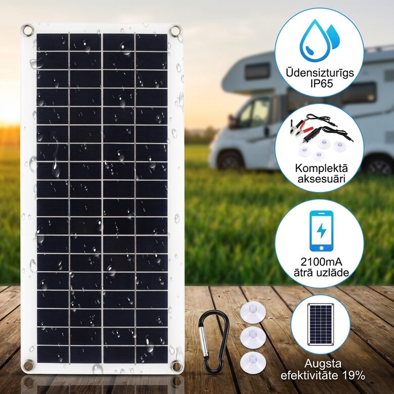Saules panelis 12v 30w (12v akumulatoru uzlādei/uzturēšanai, 2x usb porti)