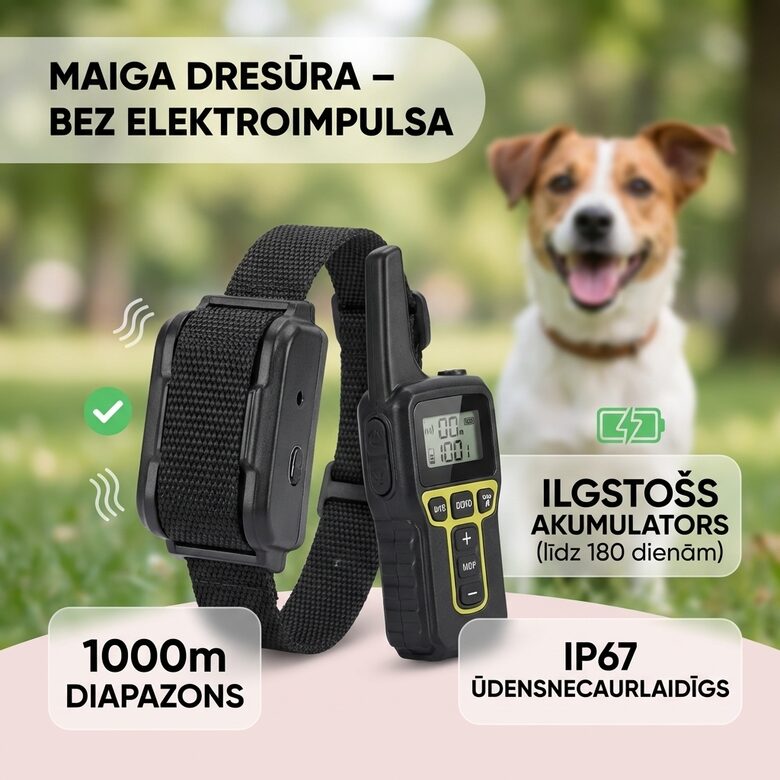 Saudzīgā (vibro+skaņa) suņu dresūras siksna (1000m), uzlādējama un mitrumizturīga