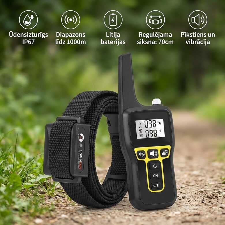 Suņu dresūras siksna ar vibrāciju un skaņu (1000m), uzlādējama un mitrumizturīga