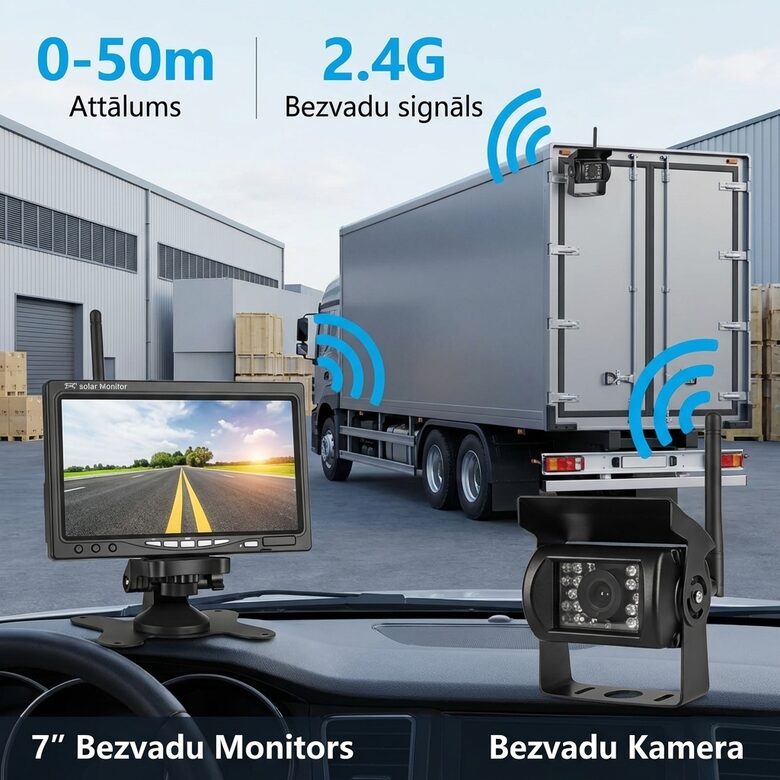 Bezvadu atpakaļskata kamera ar monitoru (7 collas, 12v-24v, nakts redzamība)