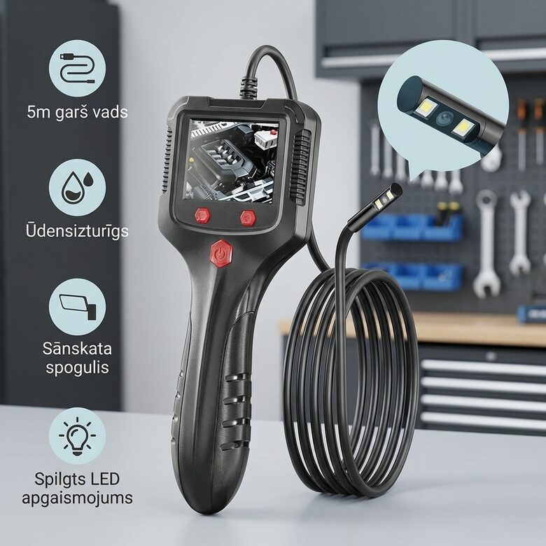 Endoskopa kamera ar monitoru (5m vads+ spogulīši sānskatam), lādējams, ūdensizturīgs