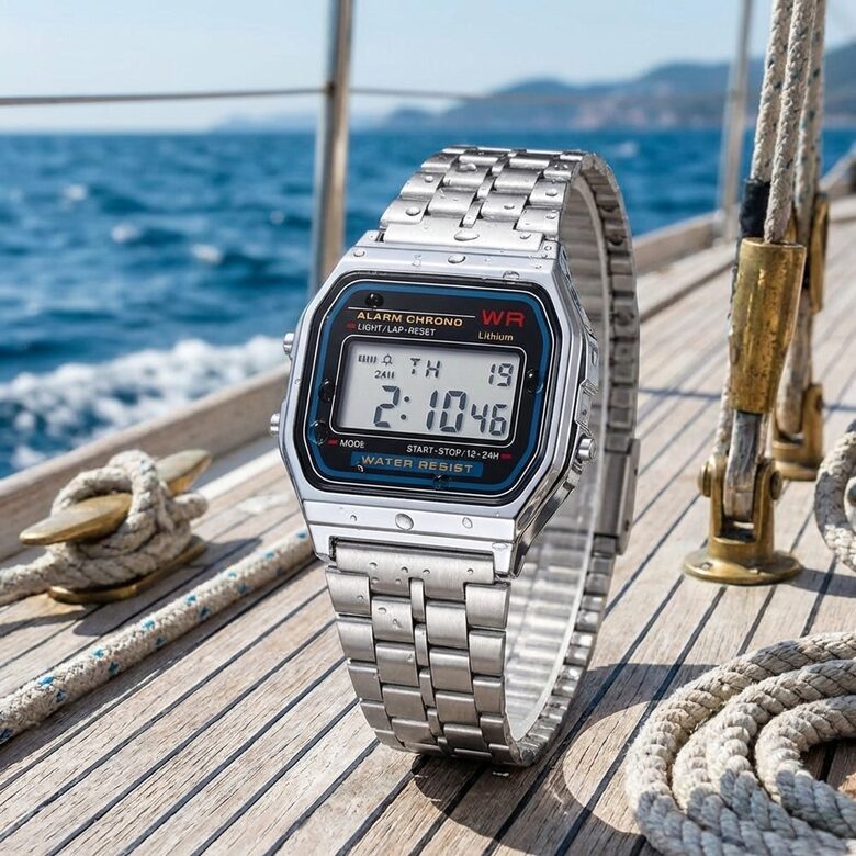 Elegants universāls nerūsējošā tērauda digitālais rokas pulkstenis ar LCD ekrānu, sudraba