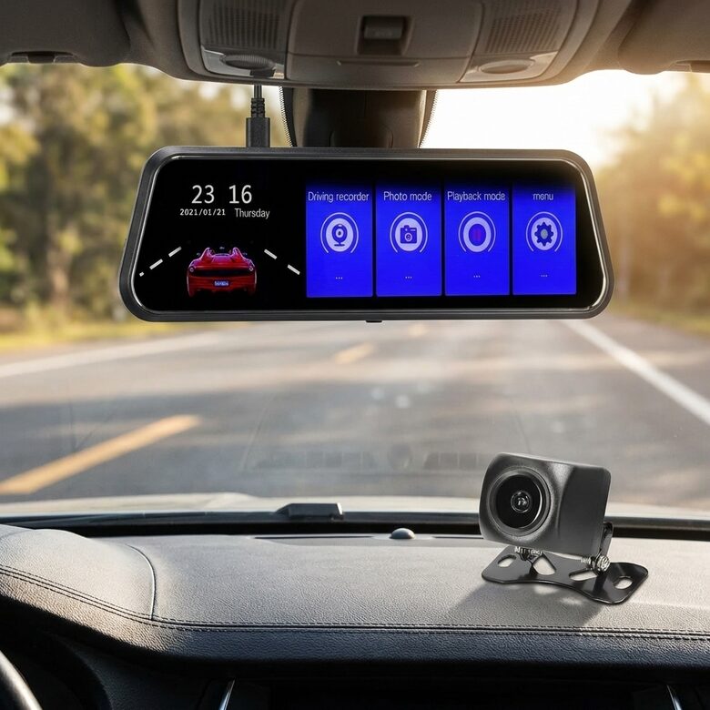 Video reģistrators spougulis 10' 1080P ar divām kamerām, 170g , ar atpakaļskata kameru FULL SCREEN