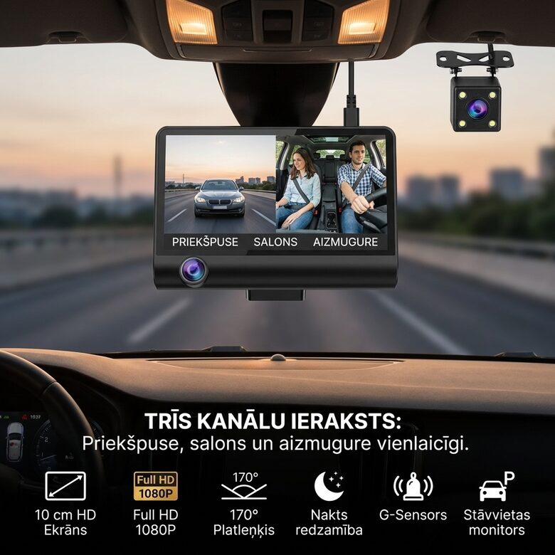 Video reģistrators ar 3 kamerām, nakts redzamību un atpakaļskata kameru, 1080FHD, 4 collu monitors