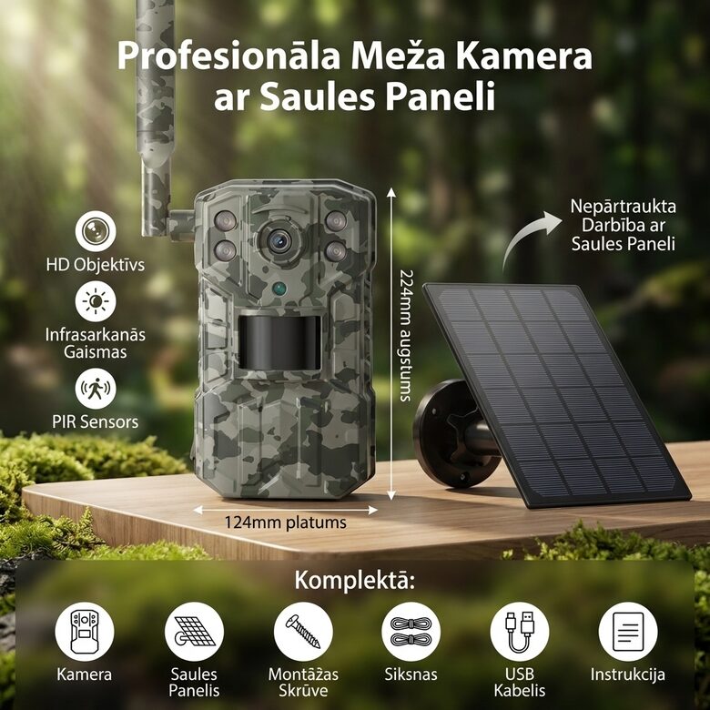 Medību kamera ar saules paneli un akumulatoriem, 4G online video