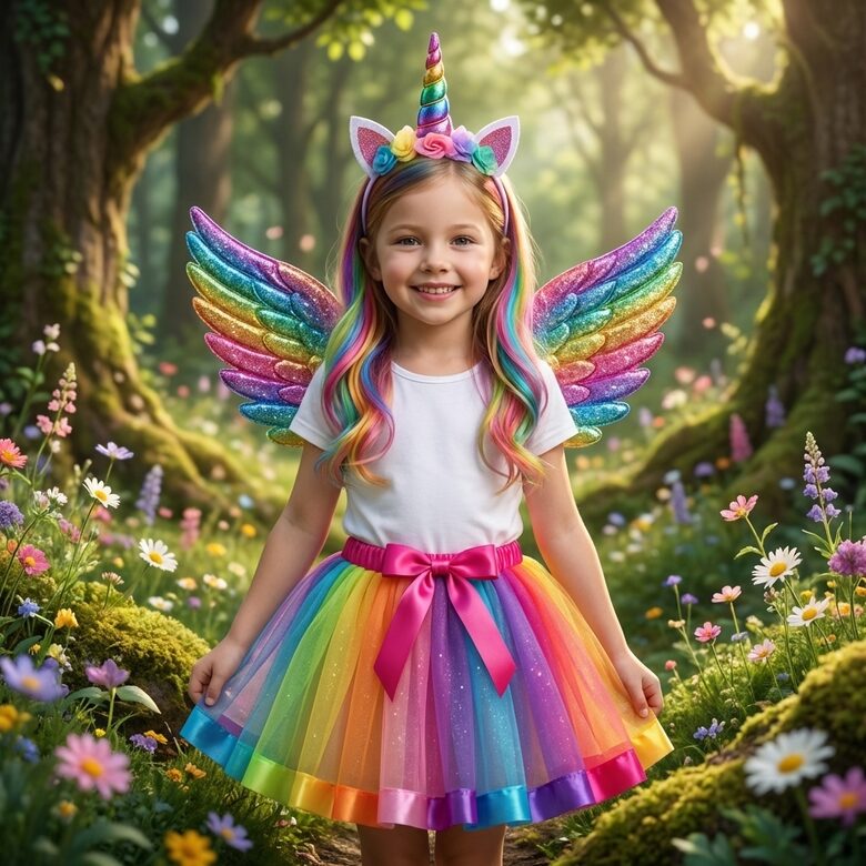 Vienradža kostīms bērniem – varavīksnes svārki, spīdīgi spārni un stīpiņa ar ragu, maģisks tērpu komplekts karnevālam