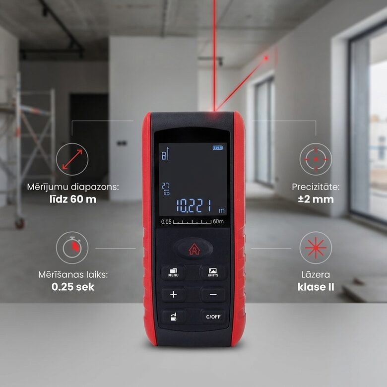 Lāzera distances attāluma mērītājs (līdz 60m), precizitāte +-2mm