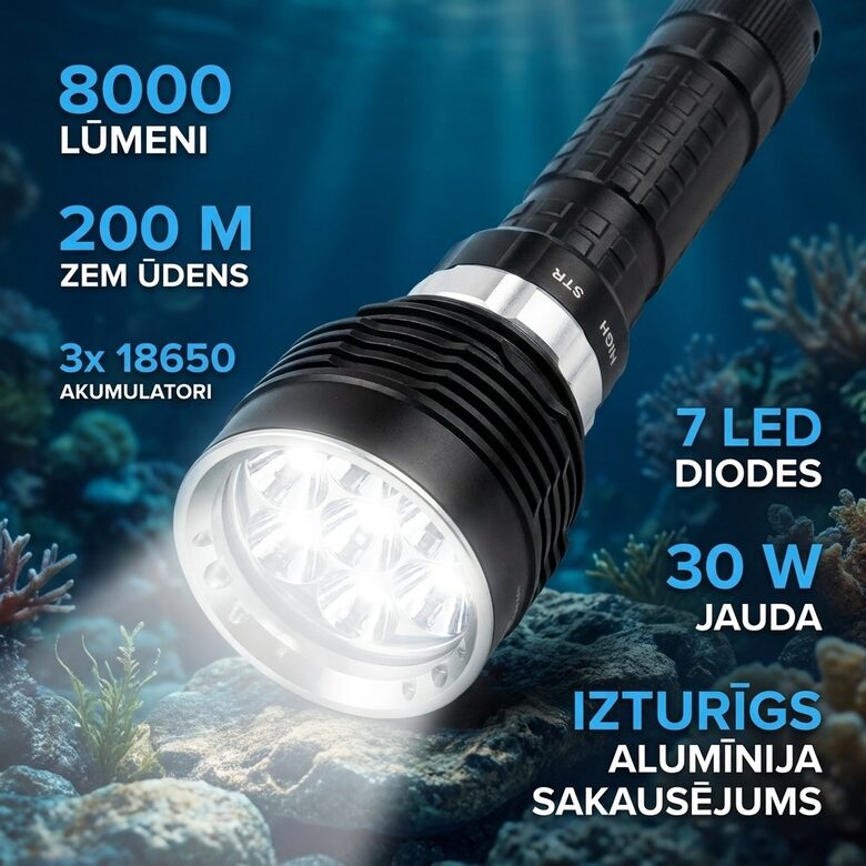 Zemūdens lukturis ar 7 Diodēm (XM-L2 LED ; 8000 Lumen ; 200m ; Rechargable)