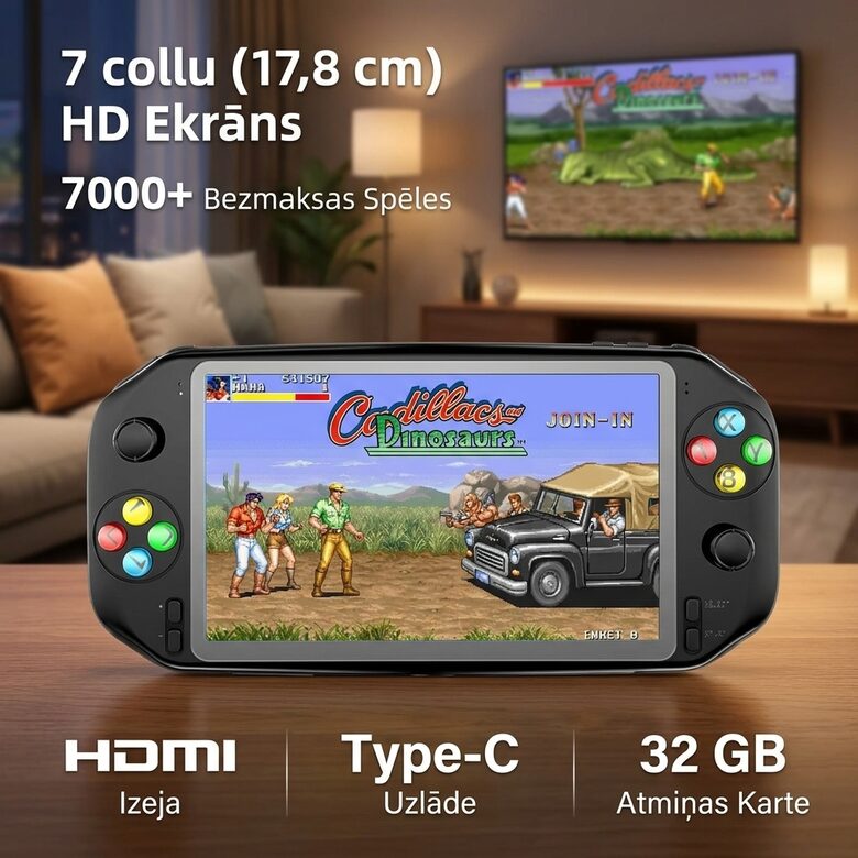 Retro Spēļu Konsole "RetroPlay" ar 7000 Spēlēm, LIELS 7 Collu ekrāns