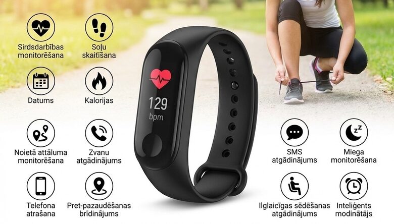 Soļu skaitītājs - pedometrs,asinsspiediena mērītājs, pulsometrs, ūdensizturīgs