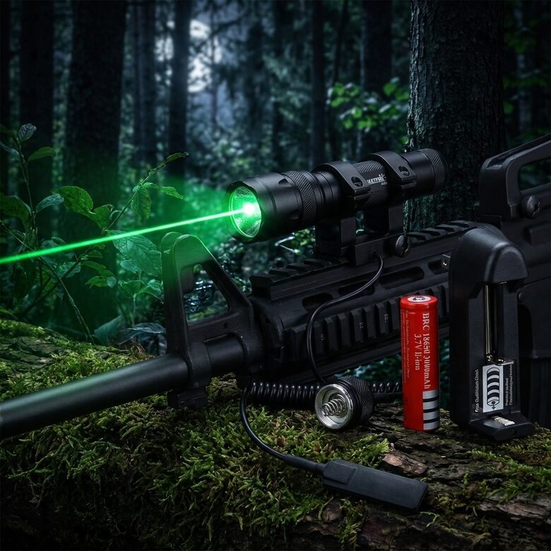 Komplekts: Lukturis, distances slēdzis, turētājs, akumulators un lādētājs,ZAĻŠ gaismas stars