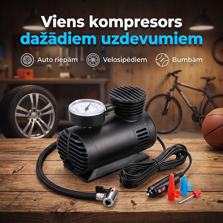 Auto kompresors 12V 300 Psi riepu pumpēšanai ar maināmiem uzgaļiem