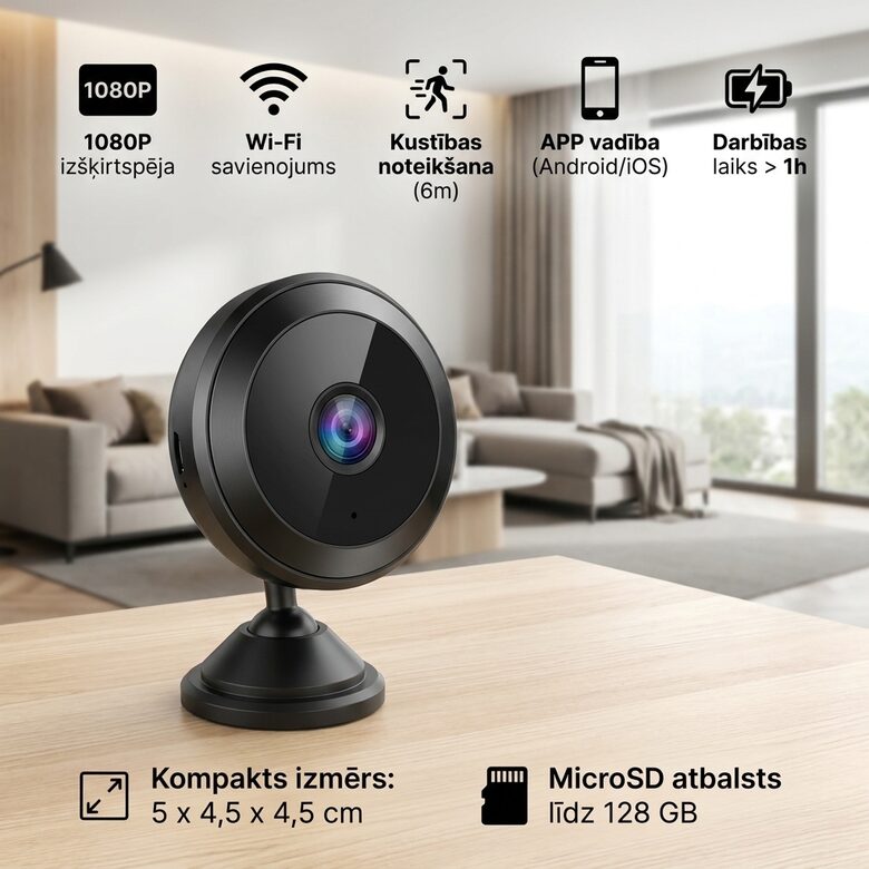 Mini Wi-Fi Drošības Kamera ar 360° Rotējošu Stiprinājumu un 1080P HD Izšķirtspēju