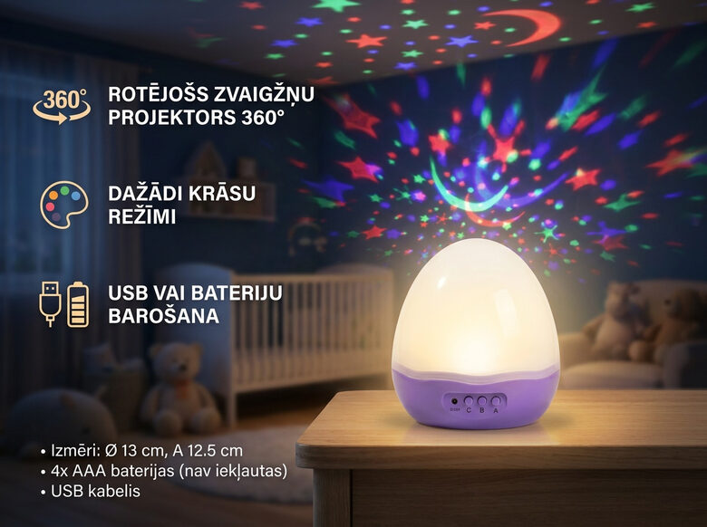 Rotējoša bērnu naktslampiņa ar zvēriņiem 360°, 13 cm, 4xAAA vai USB