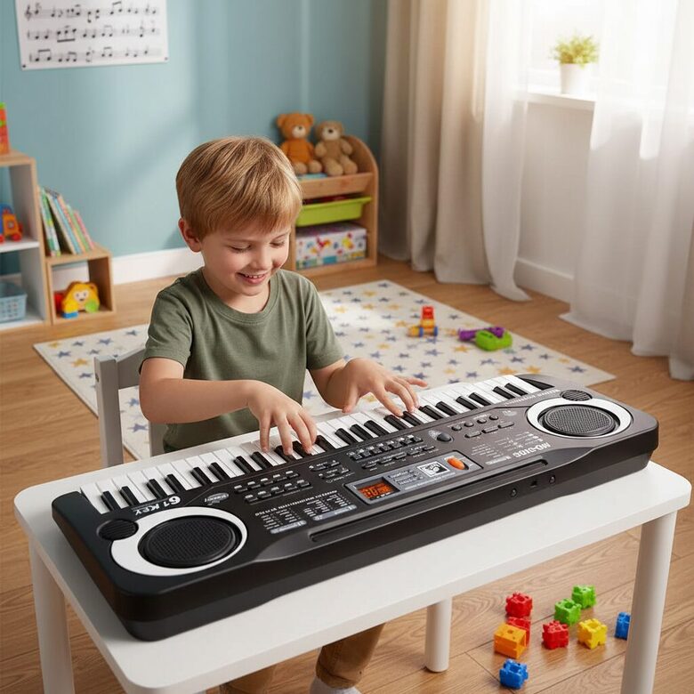 Elektroniskās klavieres - sintezators ar mikrofonu, dažādām funkcijām un 61 taustiņu, 54 x 14,5 cm